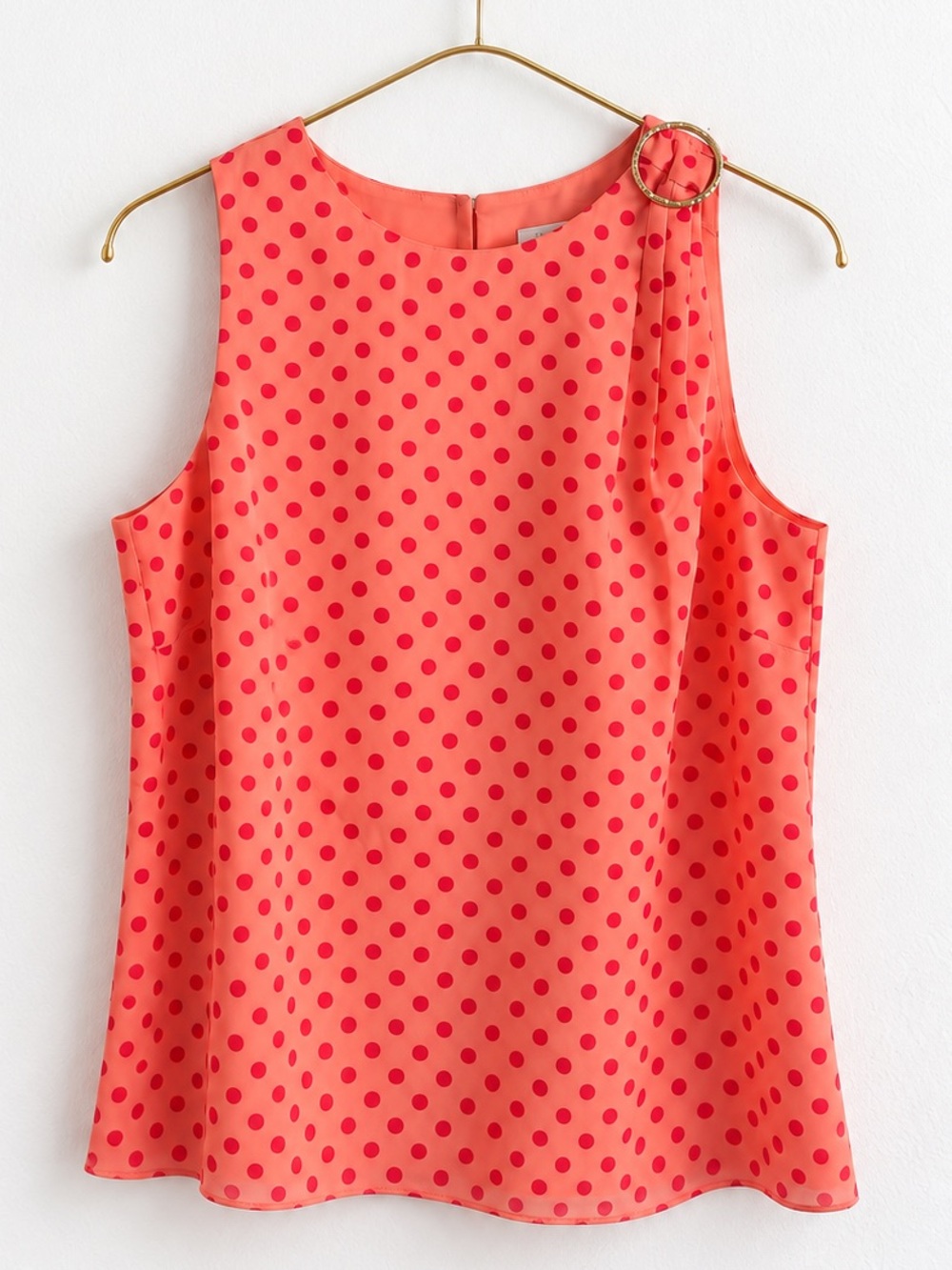 Ted Baker TB 0 US 2 Coral Pink Polka Dot Sleeveless Top Gold Ring Detail